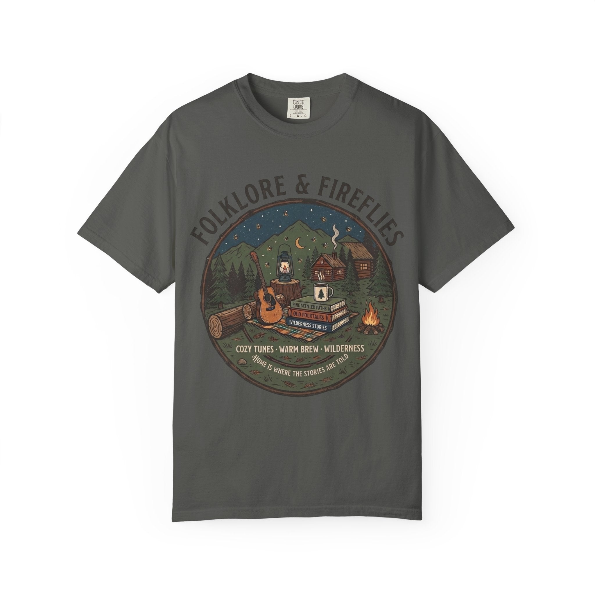 Folklore & Fireflies Camping T-Shirt — Guitar, Campfire & Mountain Night Graphic