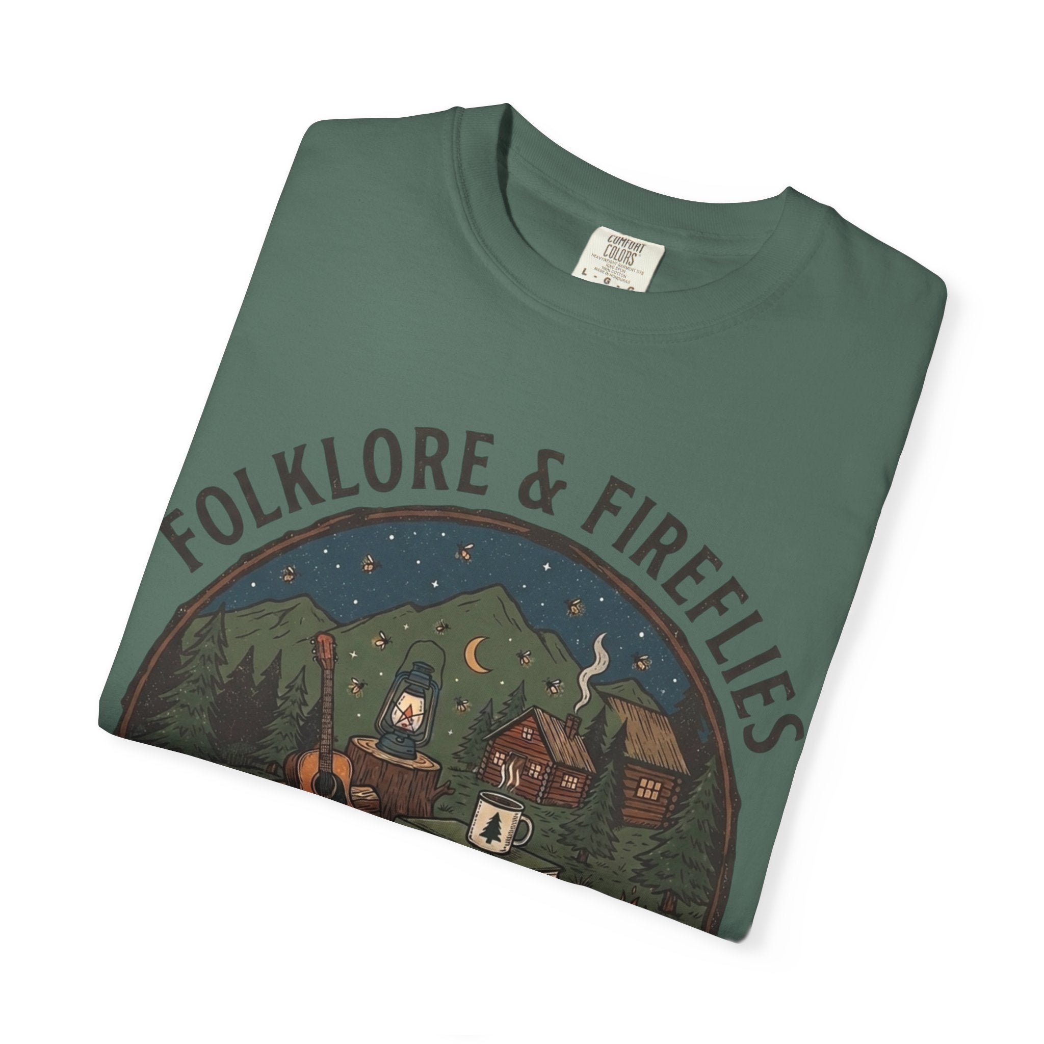 Folklore & Fireflies Camping T-Shirt — Guitar, Campfire & Mountain Night Graphic